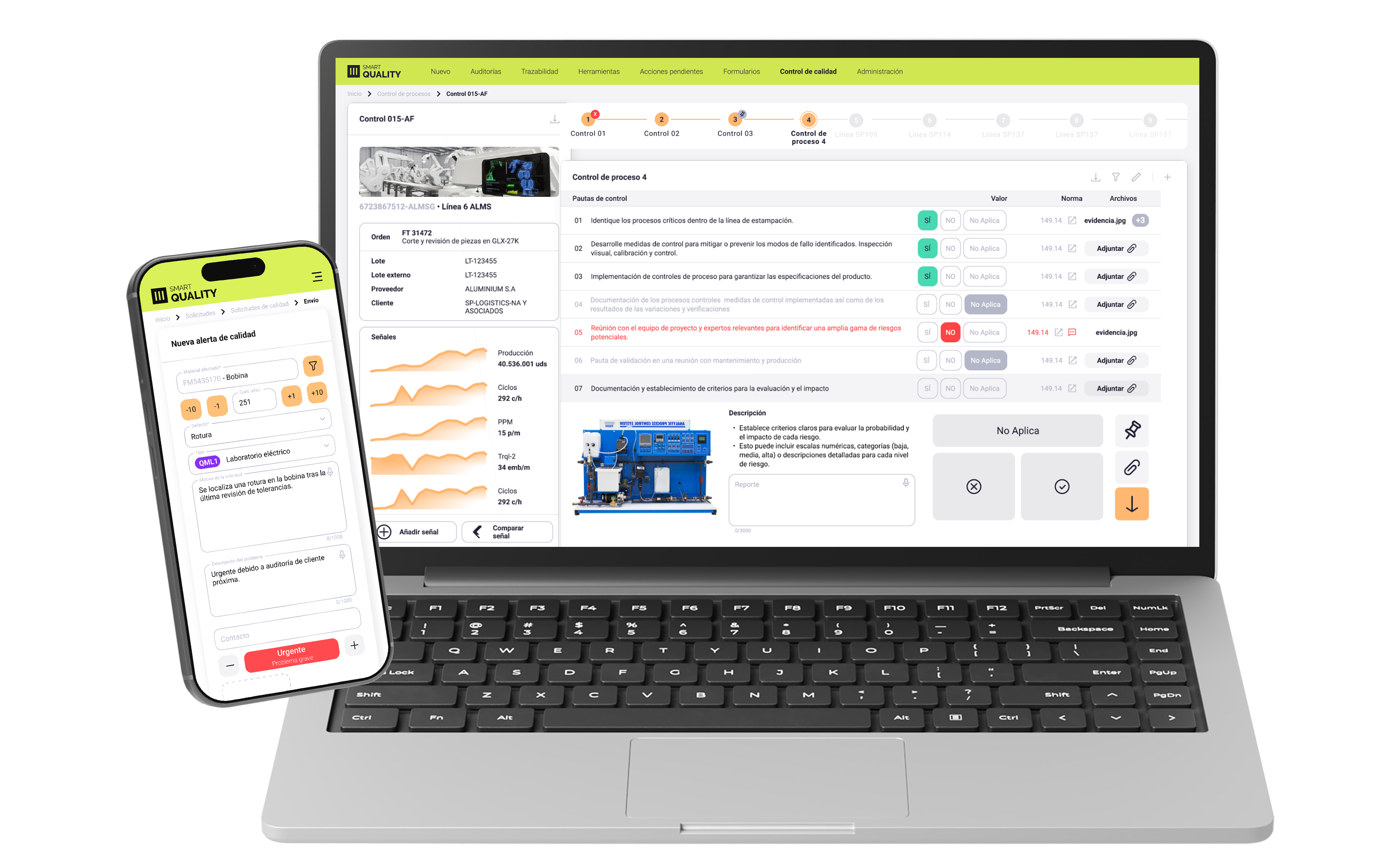 Mockup de Smart Quality en dispositivos: software de gestión de calidad industrial