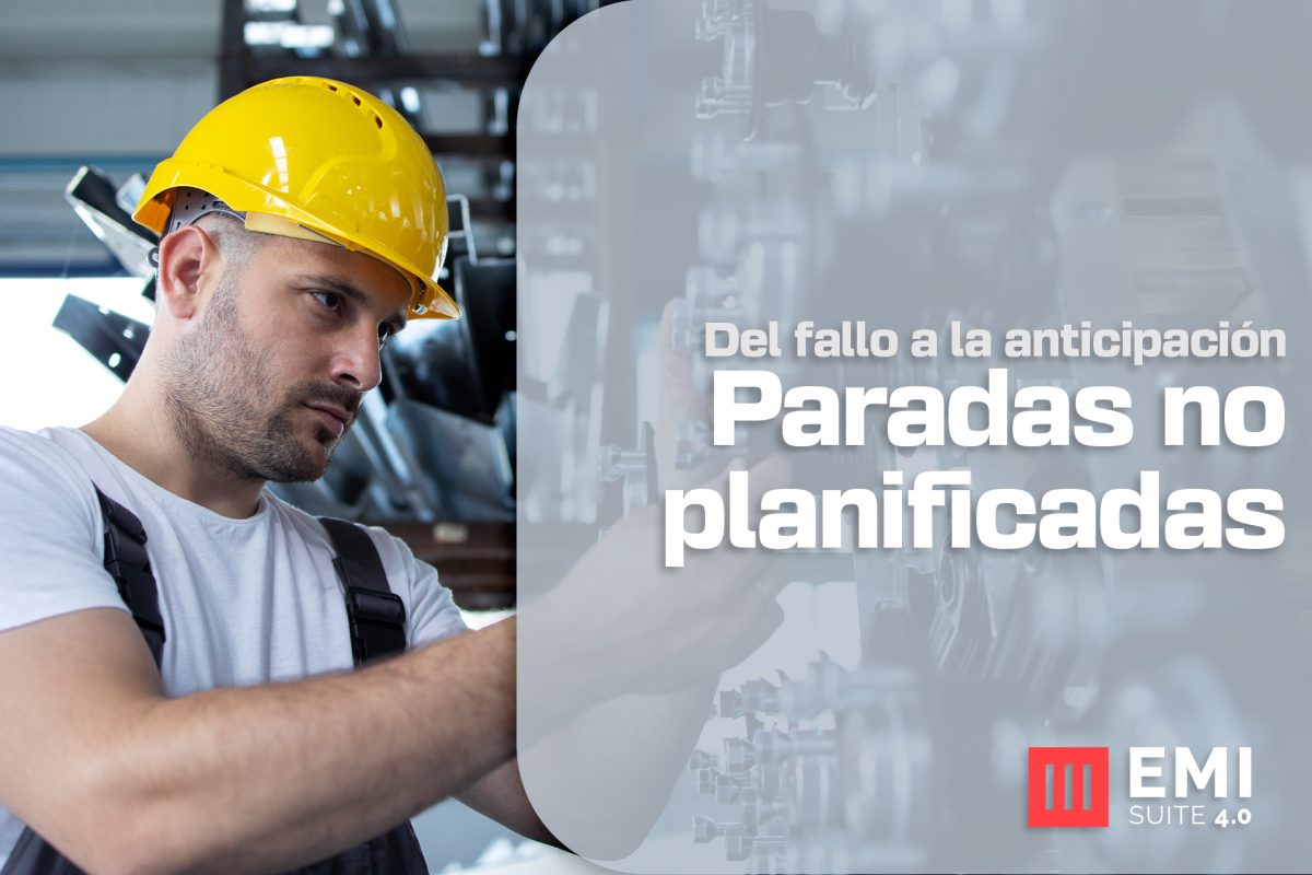 Técnico industrial inspeccionando maquinaria para prevenir paradas no planificadas en planta de producción con EMI Suite 4.0